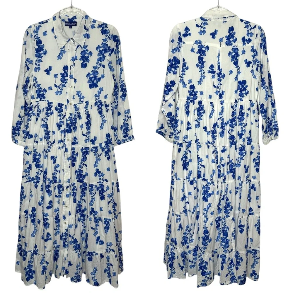 Ro’s Garden | Jinette Floral Cotton Tiered Maxi Shirtdress in Ines Blue Small - Picture 2 of 8